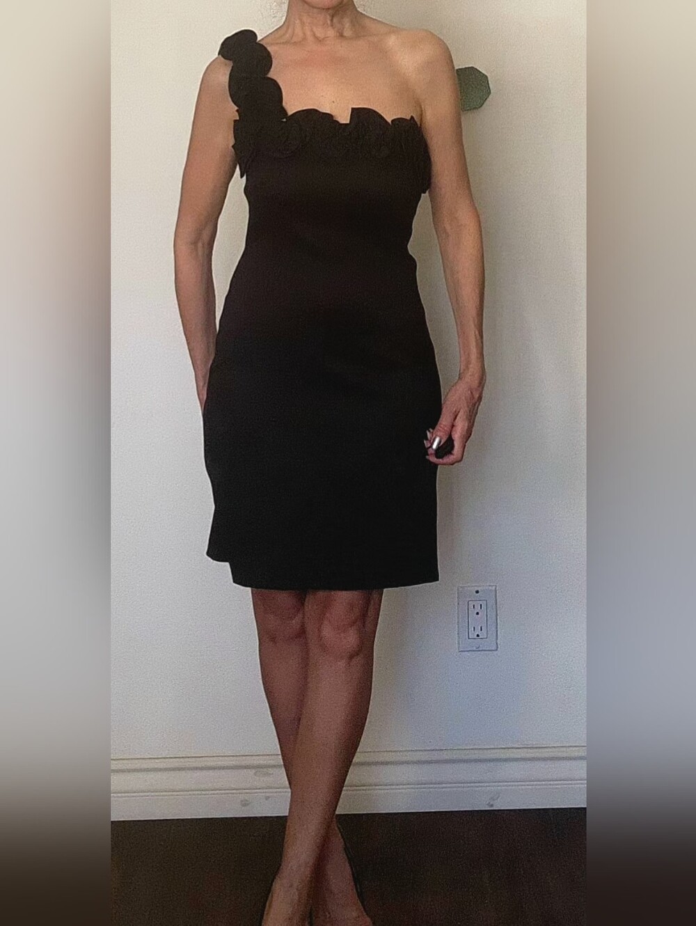 Snap Black One-Shoulder Rosette Cocktail Dress
